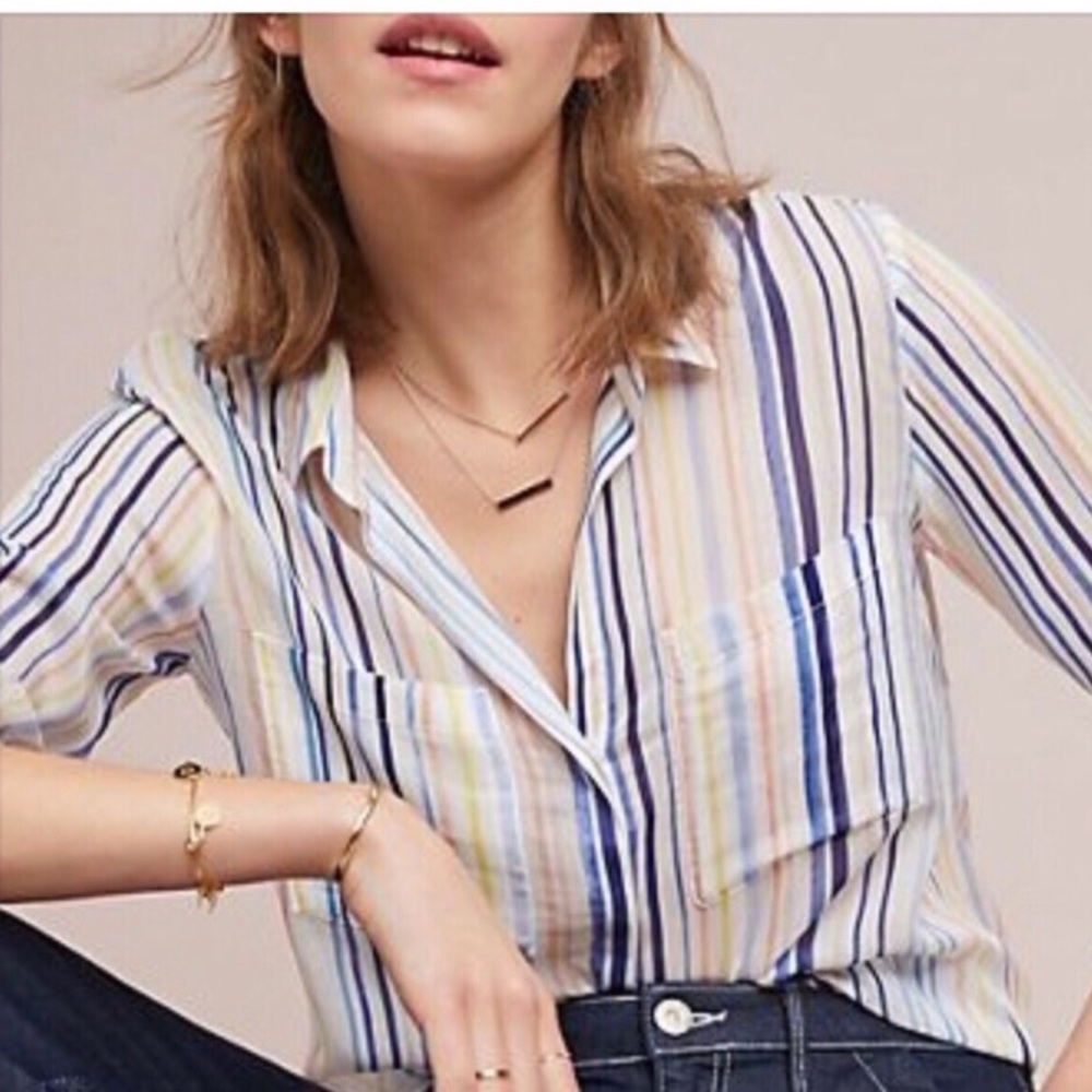 Anthropologie Striped Button-Down Shirt in Blue, Yellow, Cream